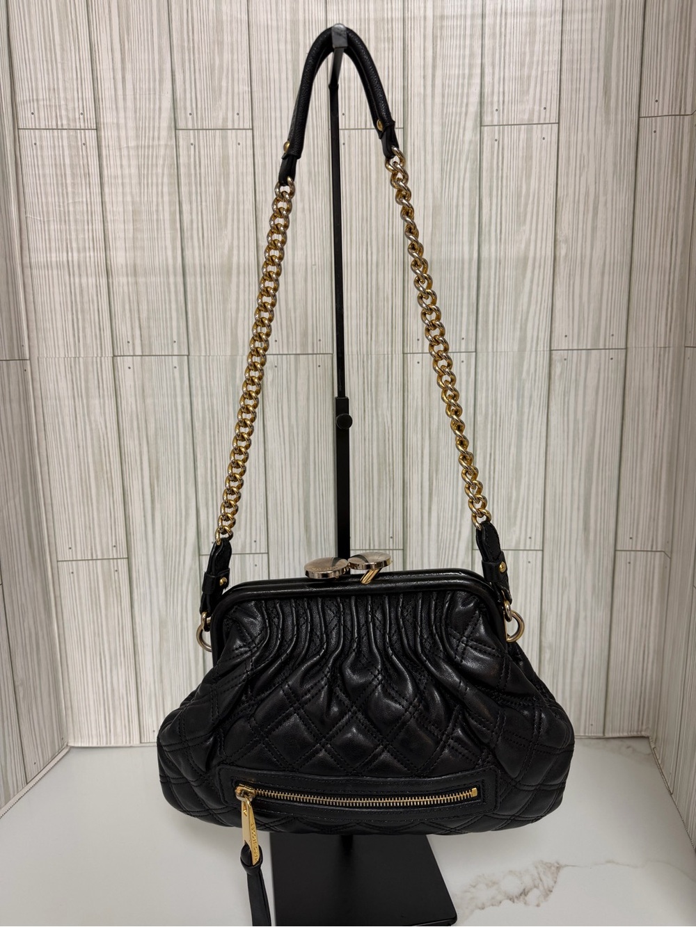 Marc Jacobs Black Quilted Leather Frame Shoulder Crossbody Bag Gold Chain - Picture 6 of 15